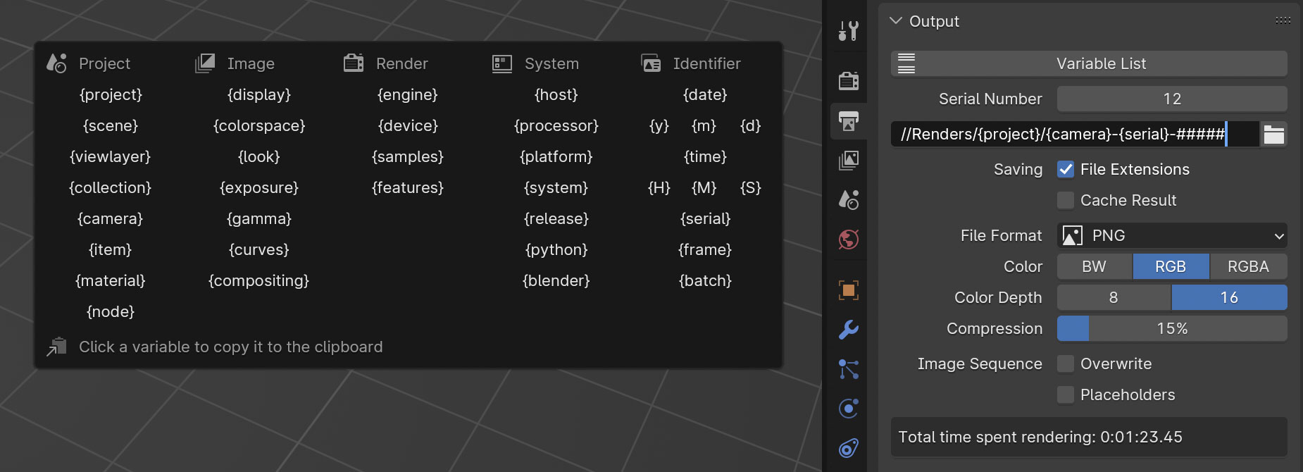 screenshot of the Blender Render tab Output panel with sample variables and to the left, the variable list popup panel floating over the 3D viewport