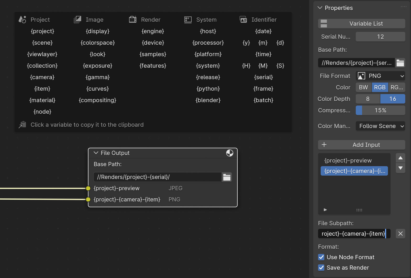 screenshot of the compositing workspace with a file output node using sample variables and the variable popup panel that lists all of the available variables