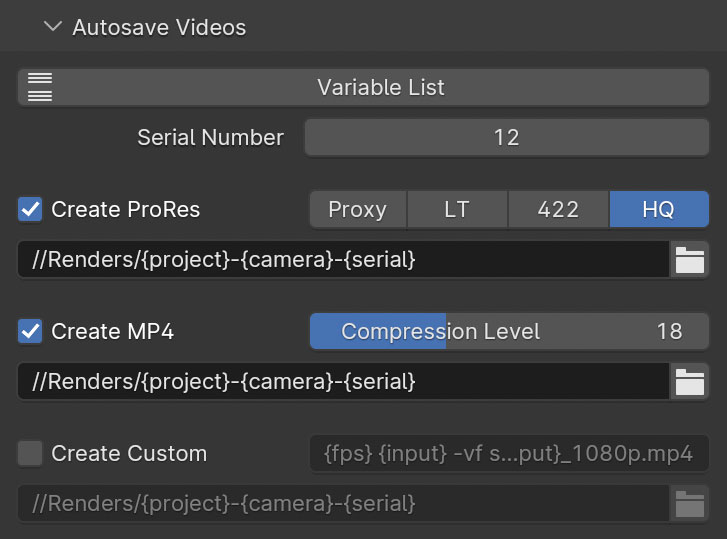 screenshot of the Blender Render Output sub-panel Autosave Videos with sample options selected and output variables used in the file names for both ProRes and MP4 output