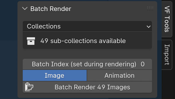 screenshot of the Batch Render panel in the VF Tools tab showing three sub-collections that are ready for batch rendering