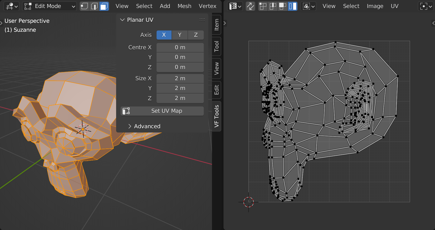 screenshot of Blender 3D and UV editor interfaces showing the plugin mapping a standard monkey head with X axis planar projection