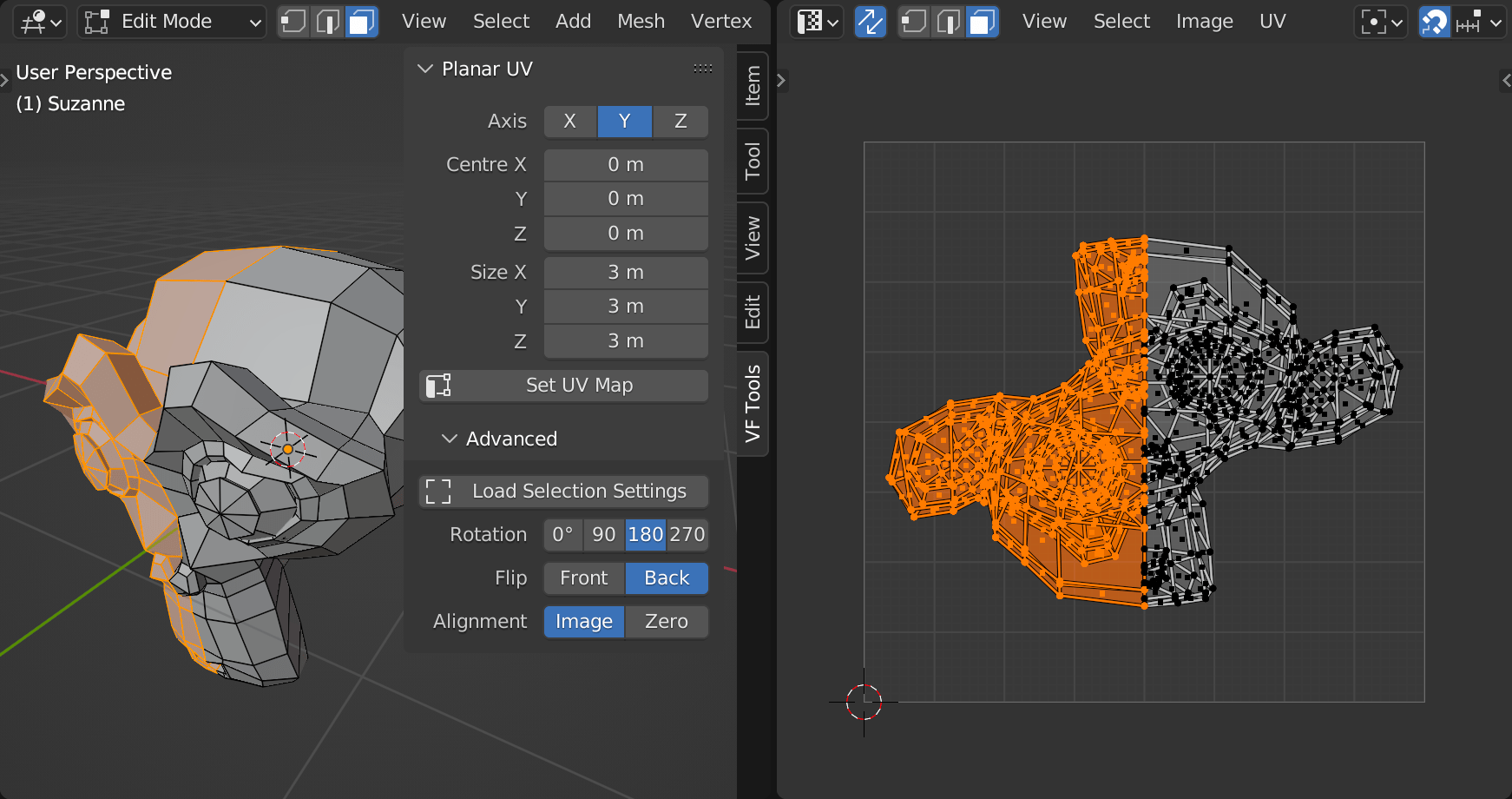 screenshot of Blender 3D and UV editor interfaces showing the plugin mapping half of a standard monkey head with Y axis planar projection mapping rotated 180° and flipped