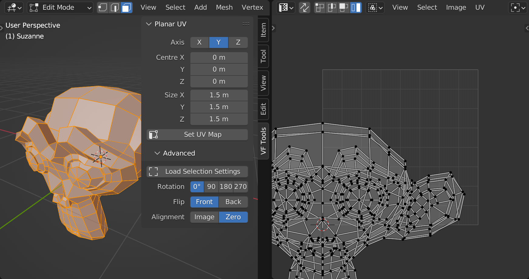 screenshot of Blender 3D and UV editor interfaces showing the plugin mapping a standard monkey head with Y axis planar projection mapping aligned to UV 0,0 instead of centred within the UV frame
