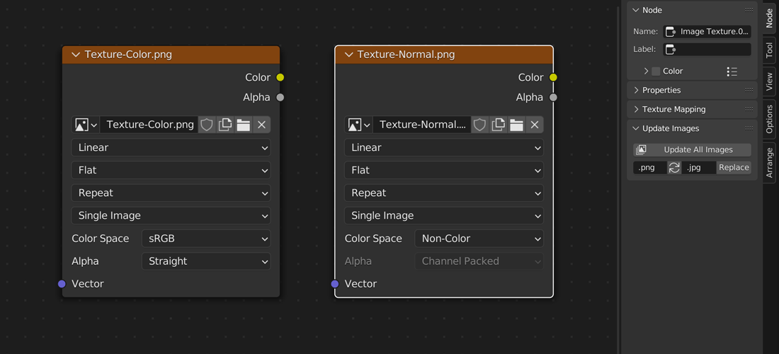 screenshot of the Blender node editor with two image texture nodes showing customised color space and alpha mode settings based on the file naming pattern