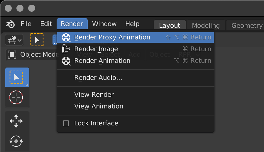 screenshot of Blender's Render menu with the add-on installed