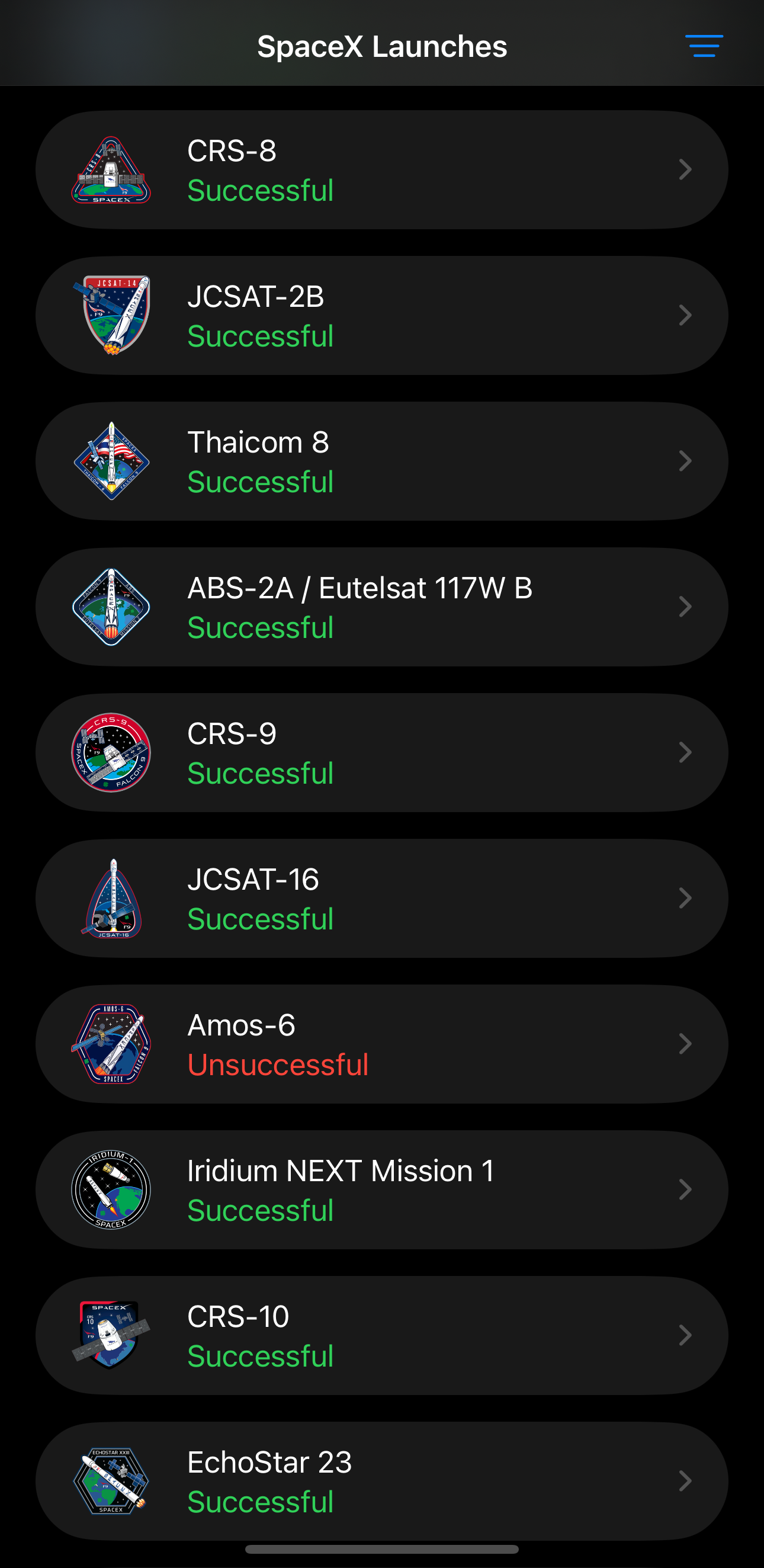 Screenshot of list view dark mode