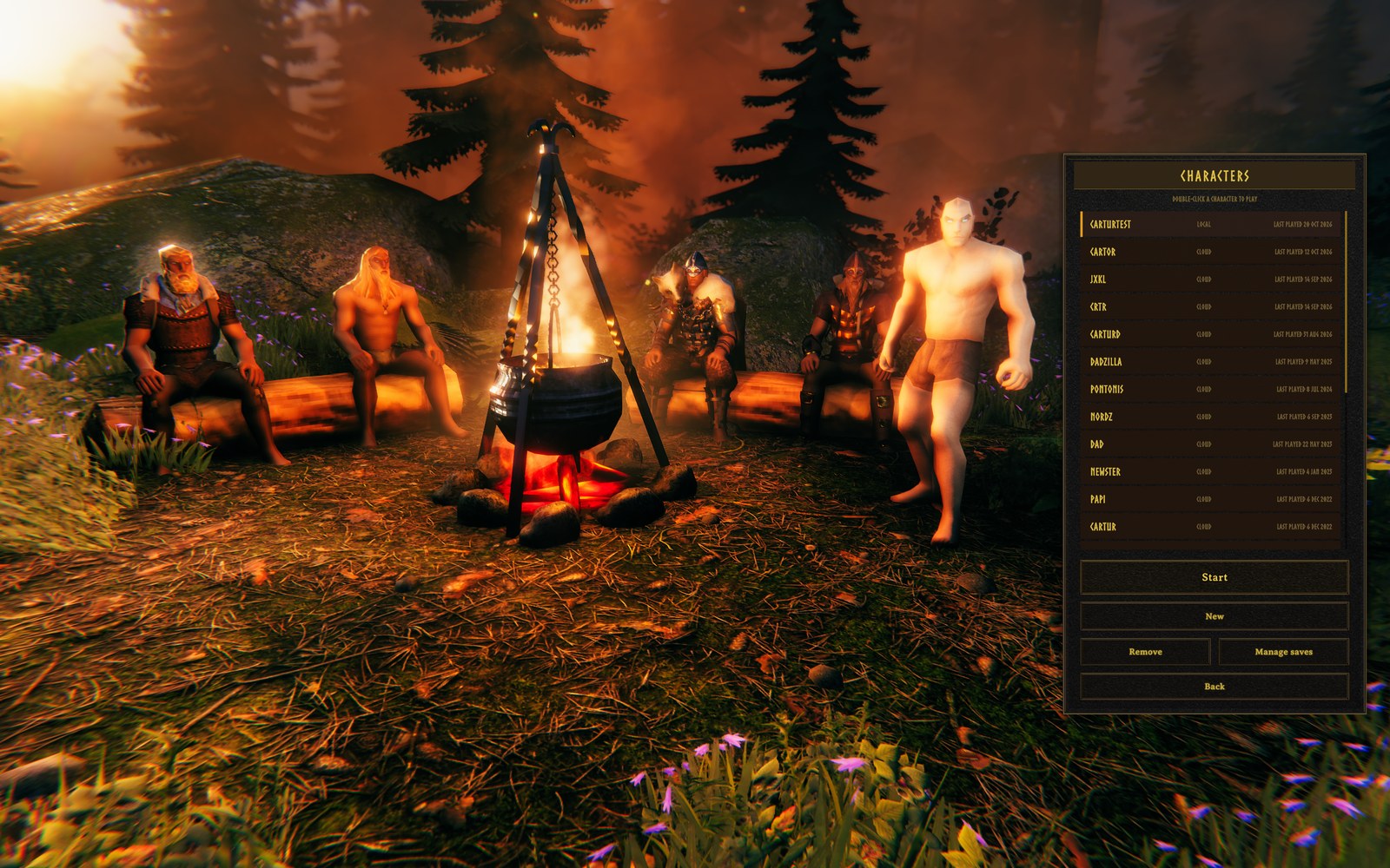 The character-select screen: four characters sit on two logs round a campfire with a cauldron hanging over it, the most recently played stands on the right, and the character menu is on the right edge.