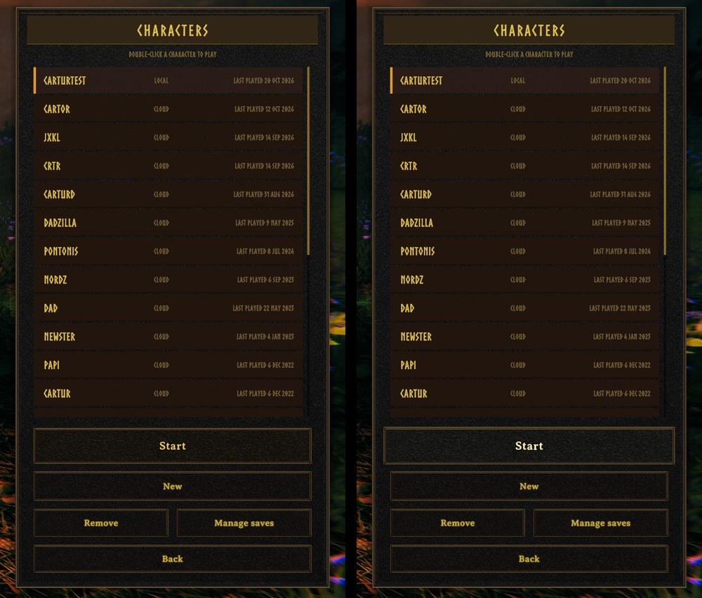The menu panel twice, side by side: at rest, and with the mouse over Start, which lights up gold.