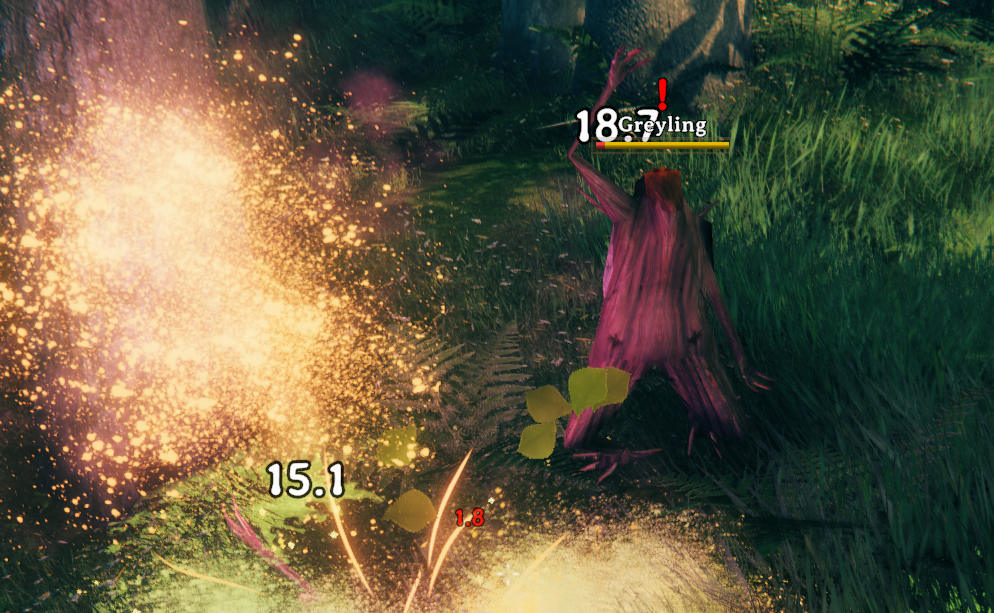 A weak-elemental hit in red, next to the normal white hit number