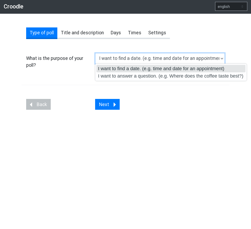 Screenshot of Croodle's poll creation step: Type of poll