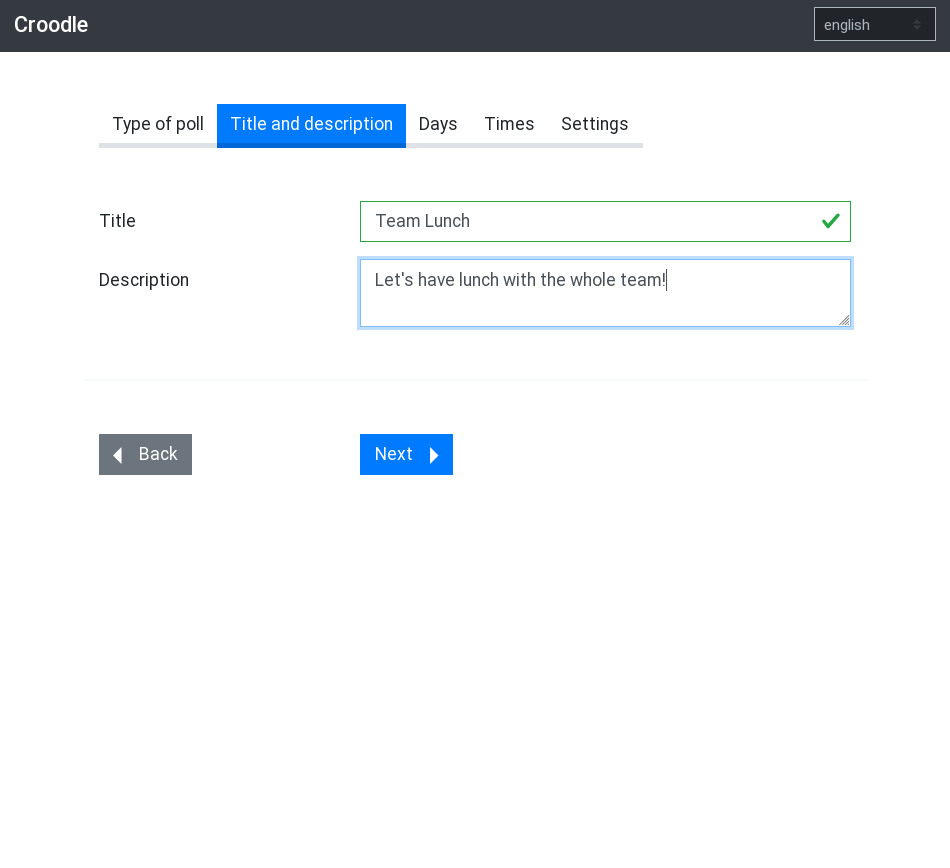 Screenshot of Croodle's poll creation step: Title and description