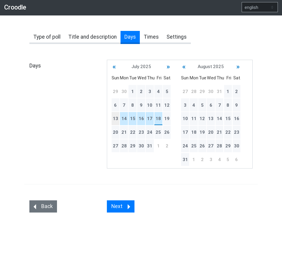 Screenshot of Croodle's poll creation step: Days