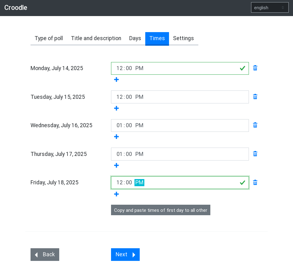 Screenshot of Croodle's poll creation step: Times