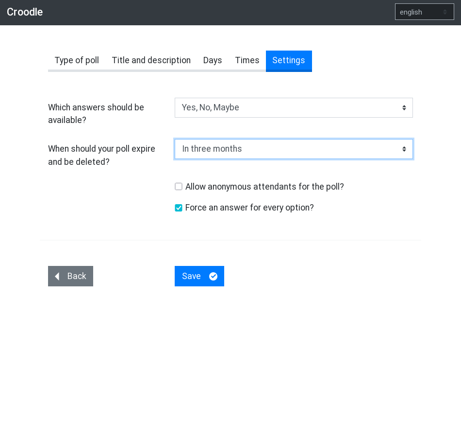Screenshot of Croodle's poll creation step: Settings