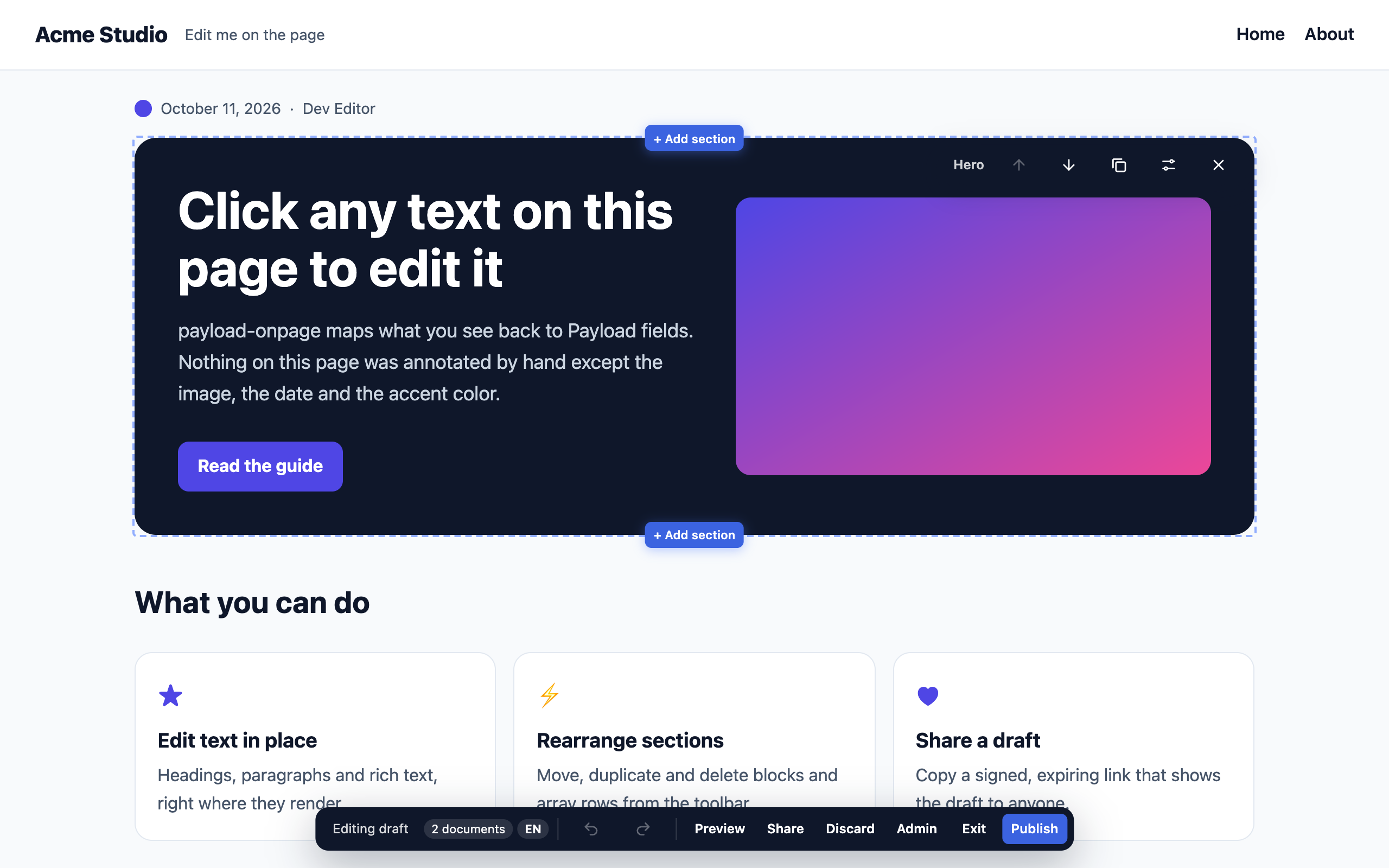 A section toolbar, settings and the block picker