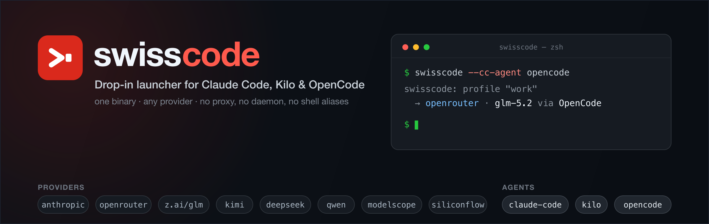 swisscode — a drop-in Claude Code launcher that runs Claude Code, Kilo or OpenCode against OpenRouter, z.ai/GLM, Kimi, DeepSeek, Qwen and more
