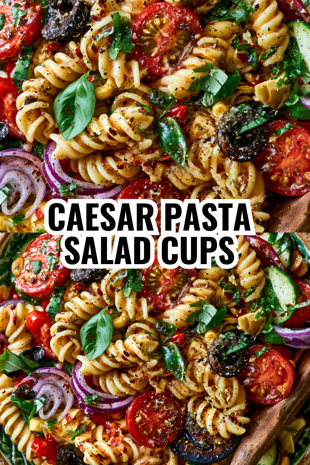 Caesar Pasta Salad Cups with Crispy Croutons and Parmesan