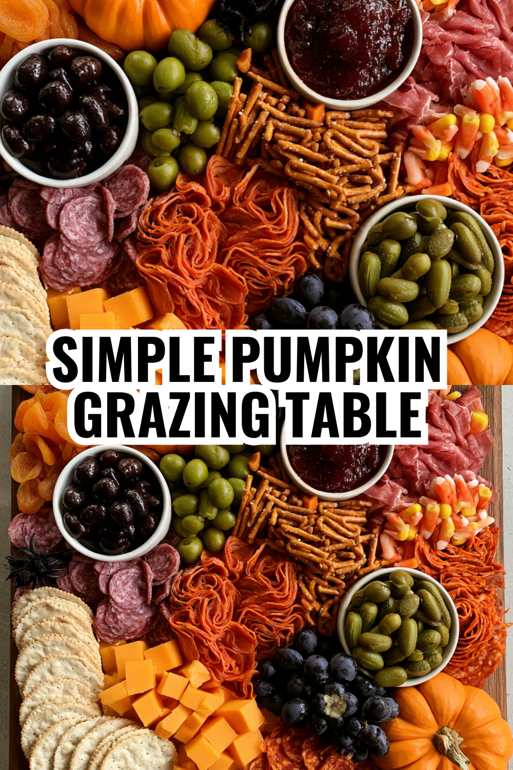Simple Pumpkin Grazing Table Perfect for Your Halloween Potluck or Dinner Party