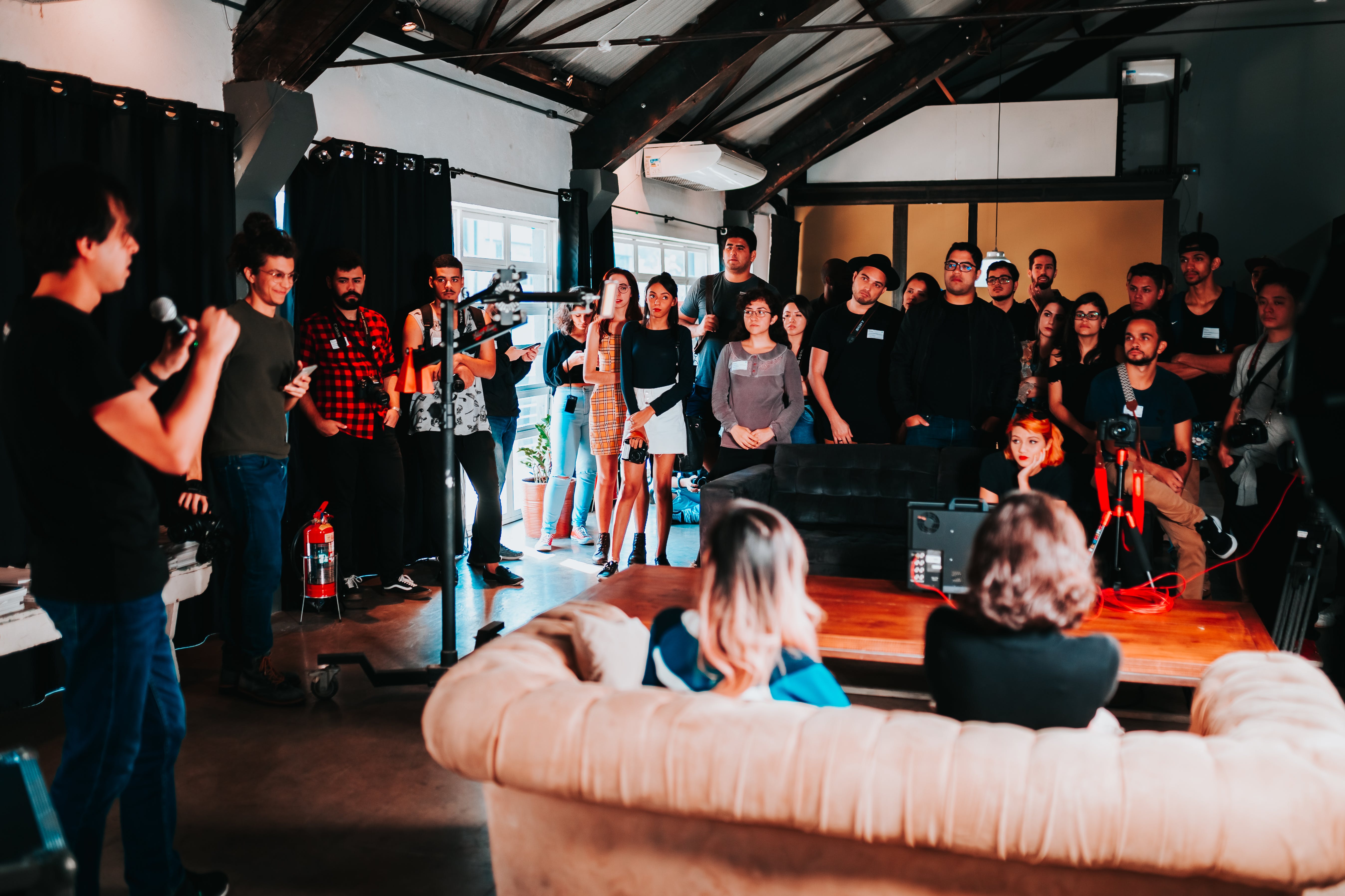 A stock photo of a band standing in front of a crowd.