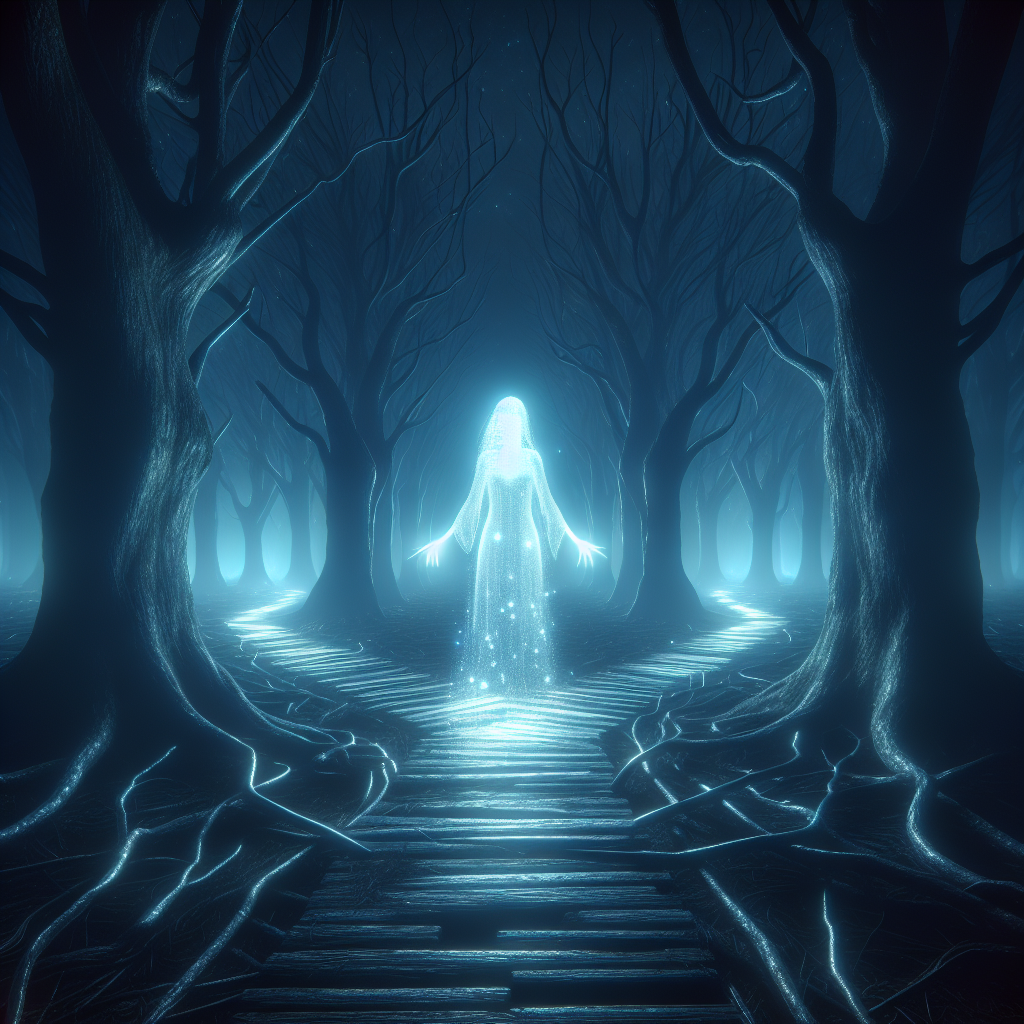 "high-quality video game image of a glowing spirit woman standing in the woods at night at a divergent path, where each option looks equally dangerous"