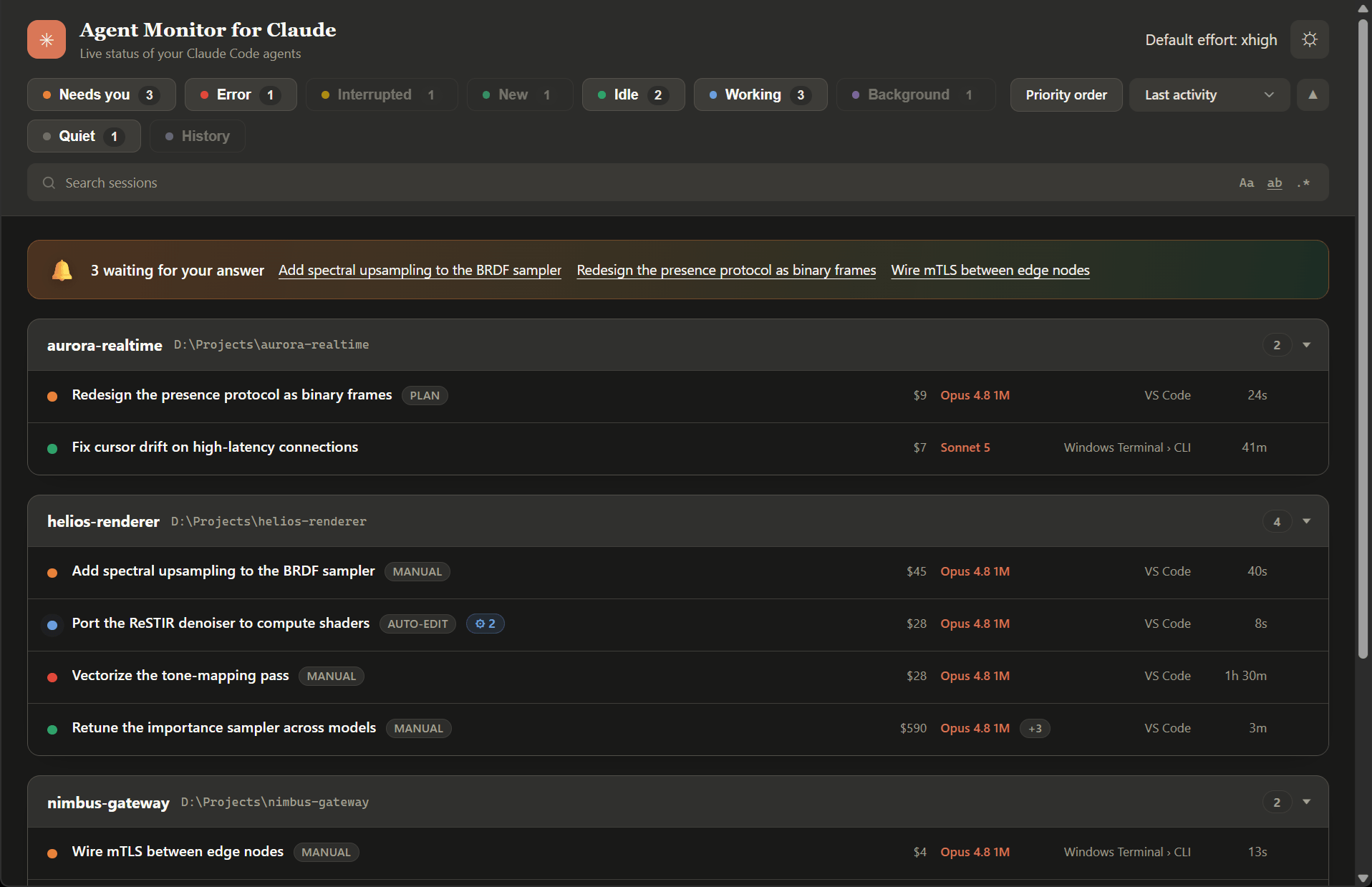 The Agent Monitor window listing running Claude Code agents grouped by project, each showing its live status, estimated cost, model, host, and time since last activity