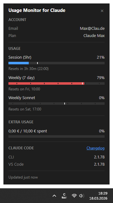 Detail popup showing account info and usage bars