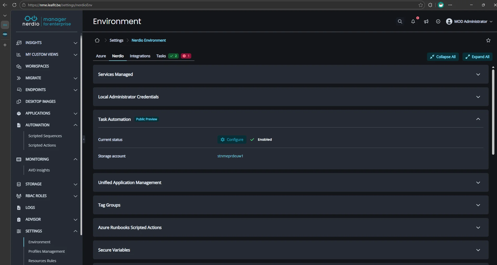 Configuring Task Automation in the NME console.