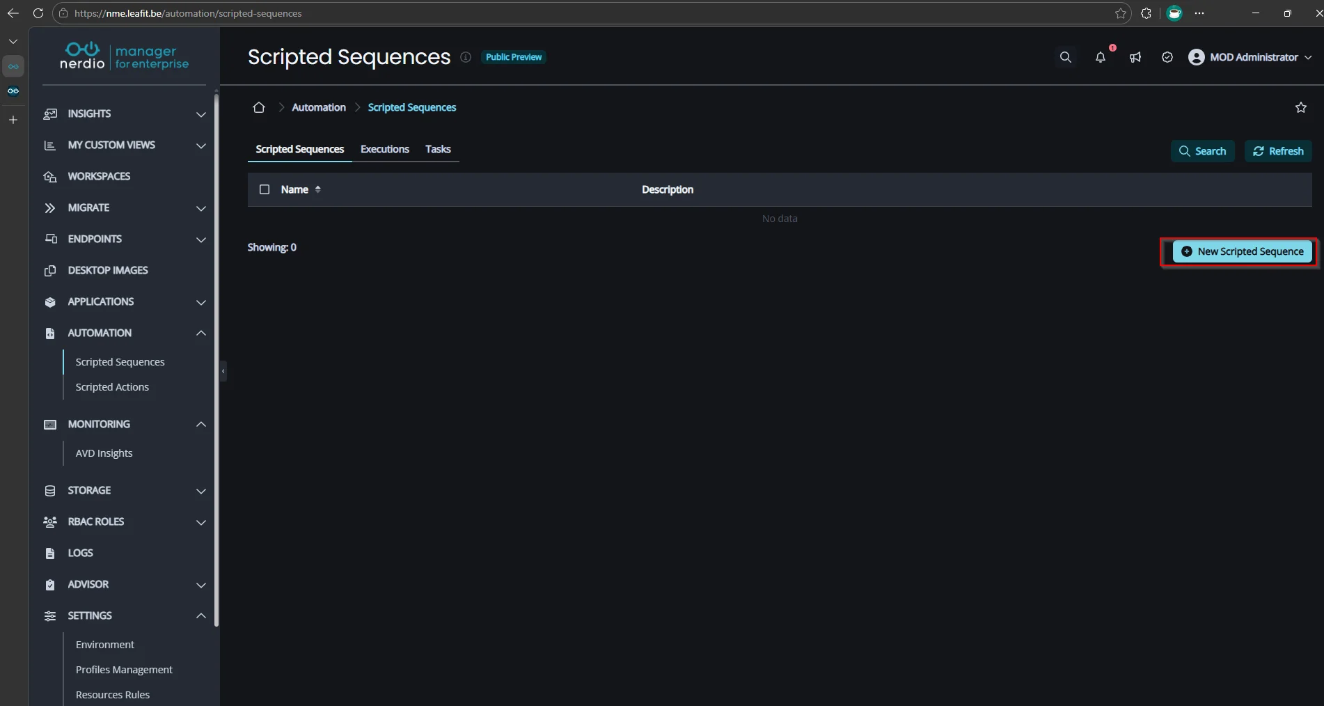 Creating a new Scripted Sequence in the NME console.