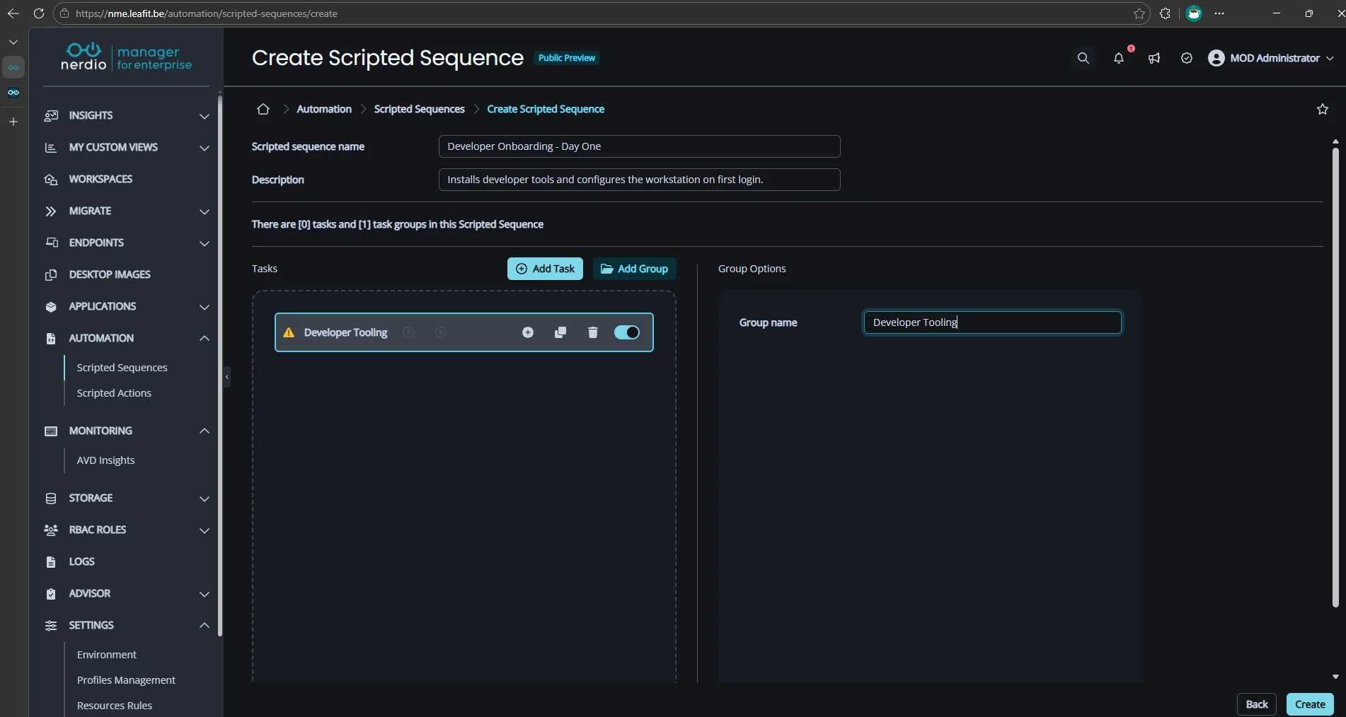 Adding a Task Group to the sequence.