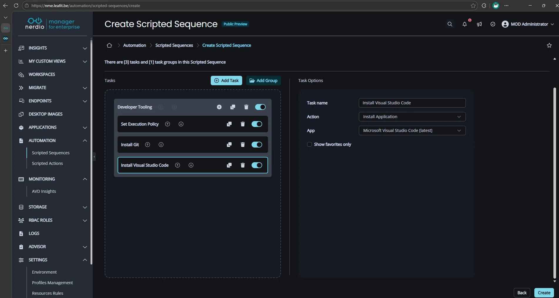 Using the Install Application task type to install VS Code.