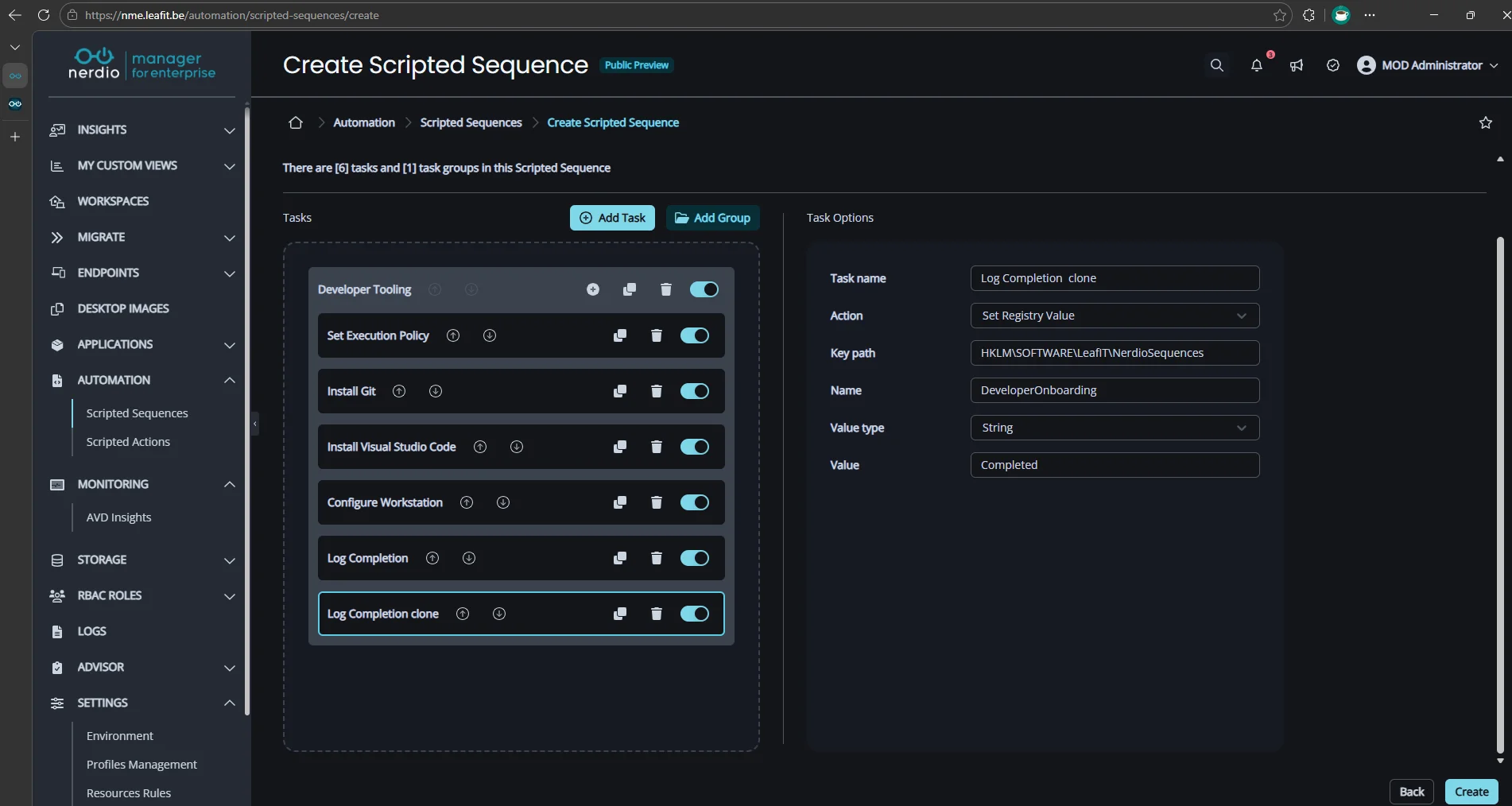 Setting a registry value to log sequence completion.