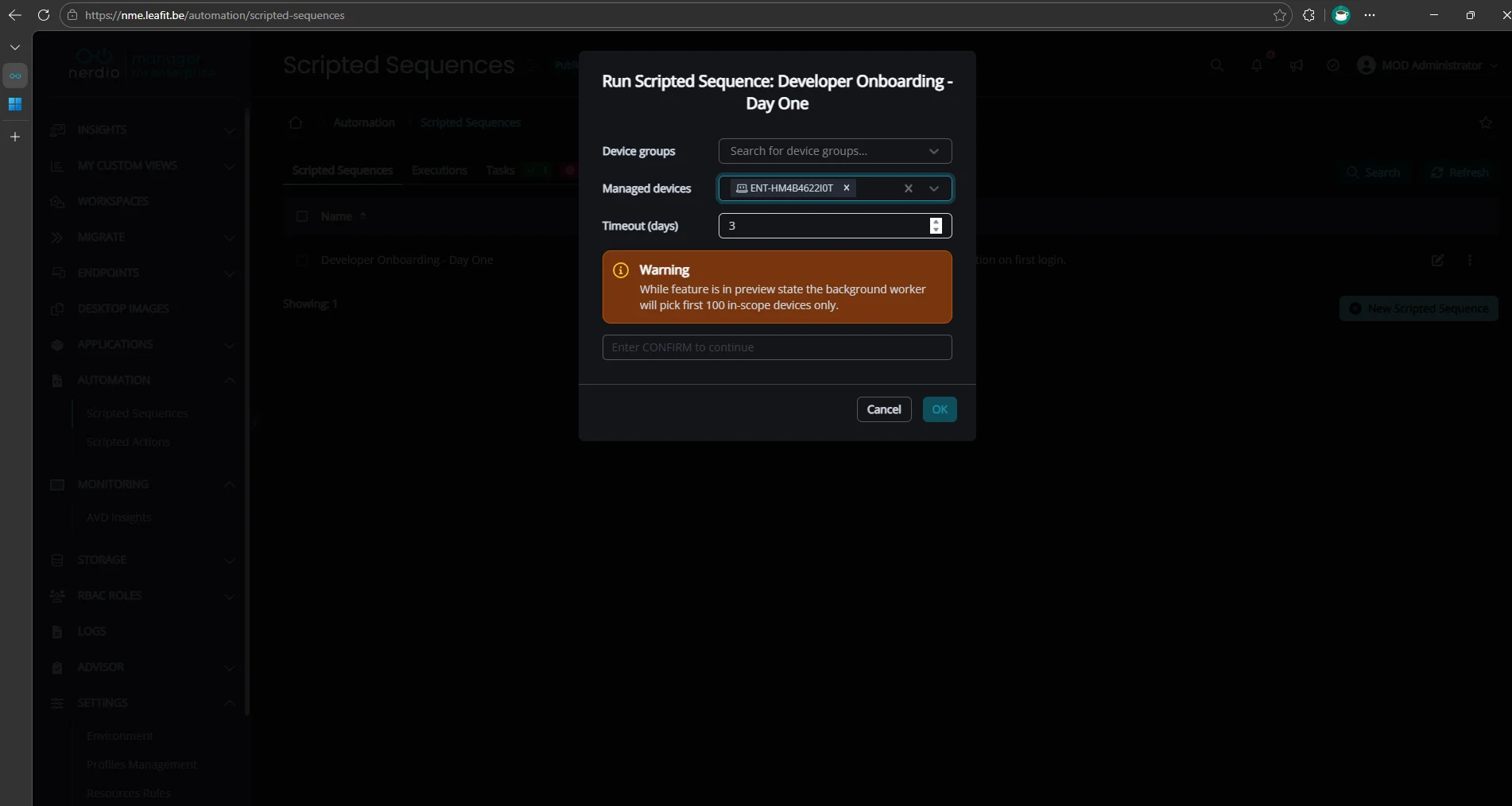 Targeting a Windows 365 Cloud PC for sequence execution.