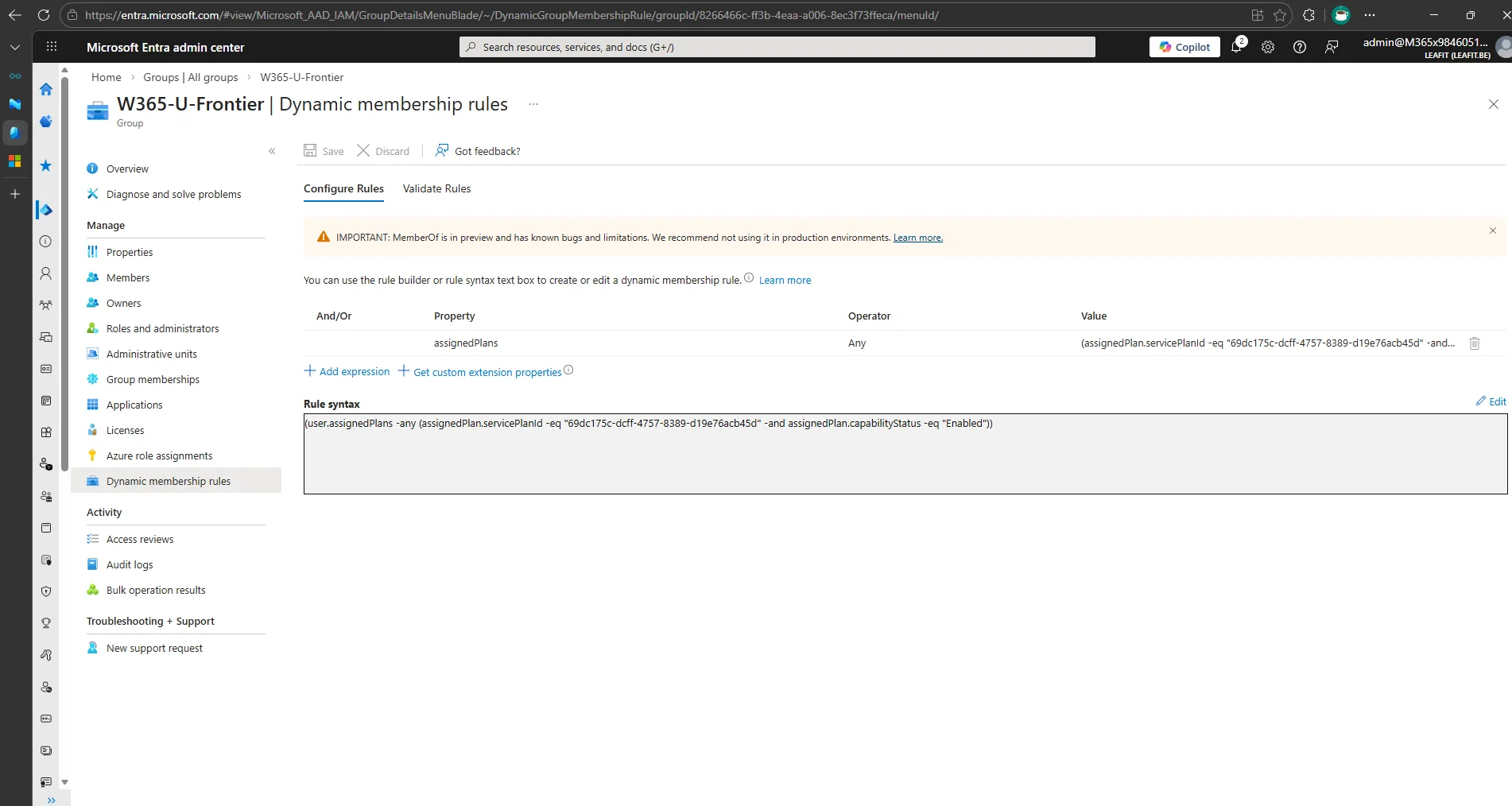 Dynamic user group configuration with service plan ID rule