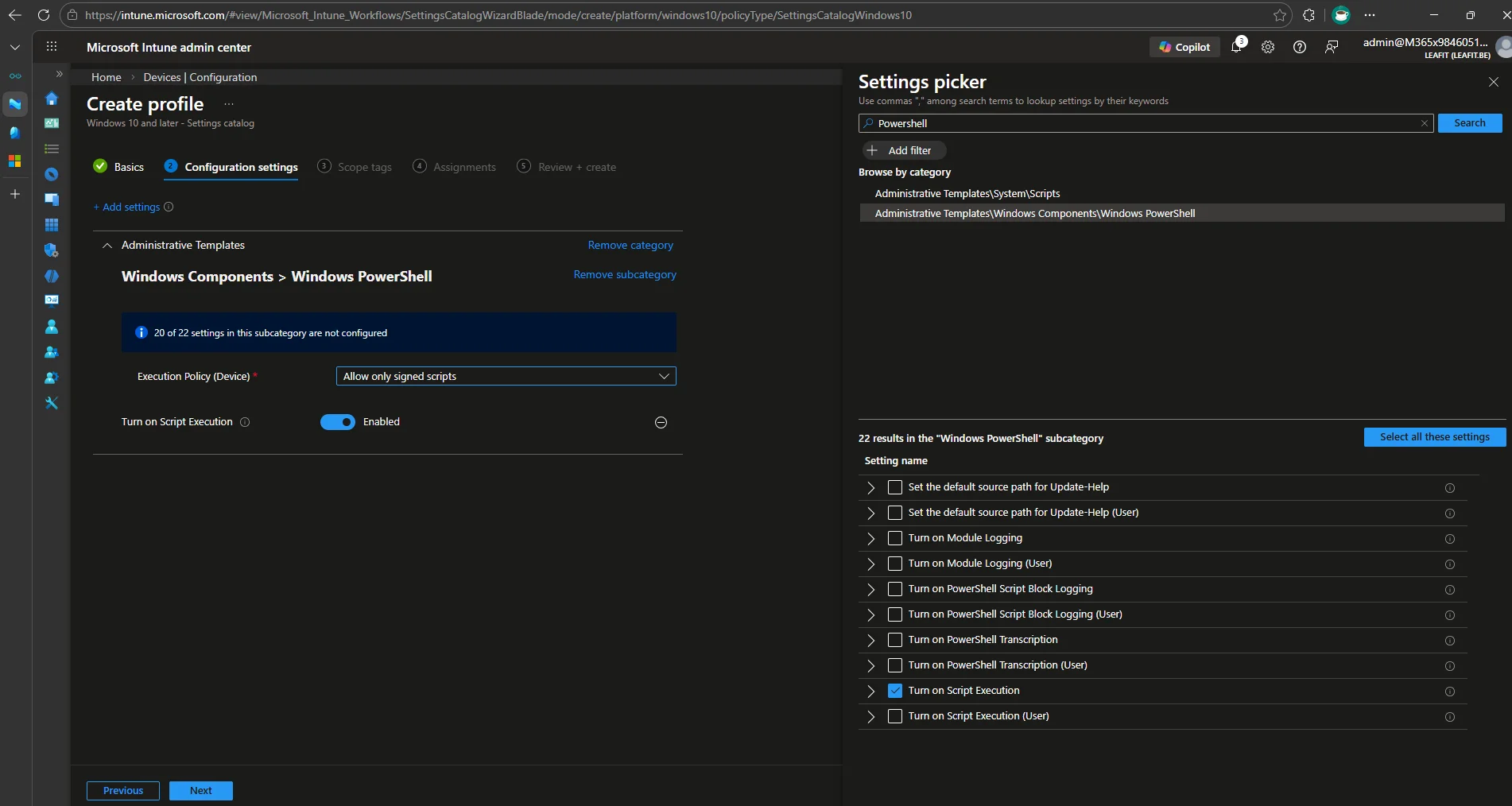 Execution policy configuration in the Settings Catalog