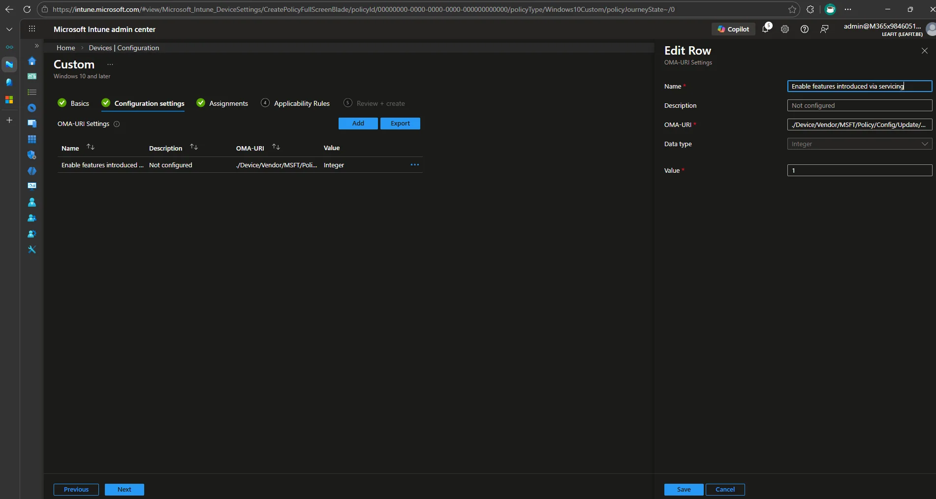 Custom OMA-URI policy for AllowTemporaryEnterpriseFeatureControl