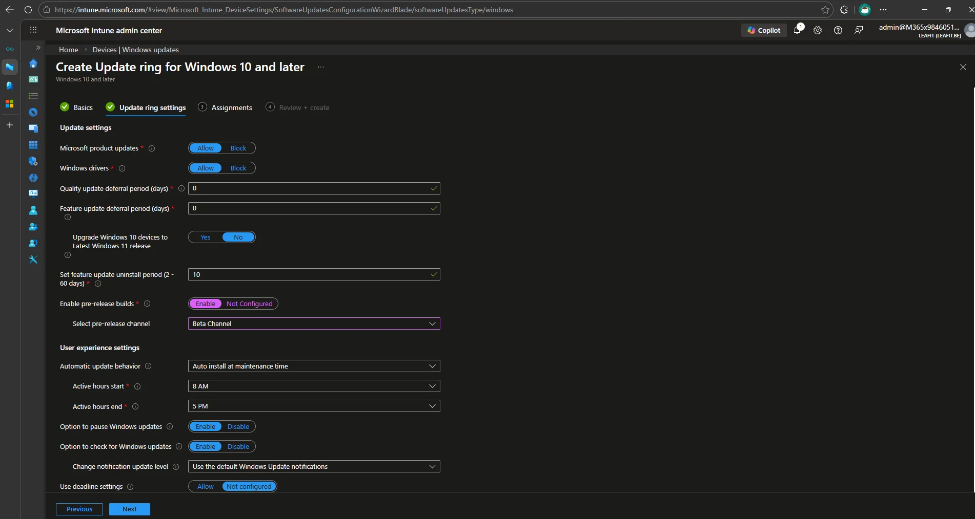 Windows Insider Beta channel update ring configuration