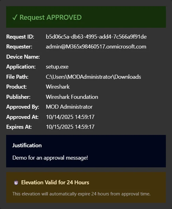 EPM automation Adaptive Cards showing an approved elevation request in Microsoft Teams.