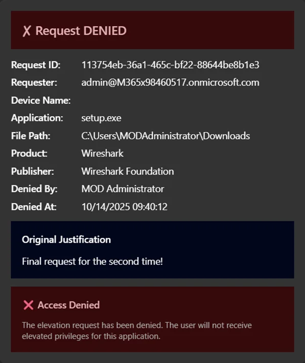 EPM automation Adaptive Cards displaying a denied elevation request with reviewer details