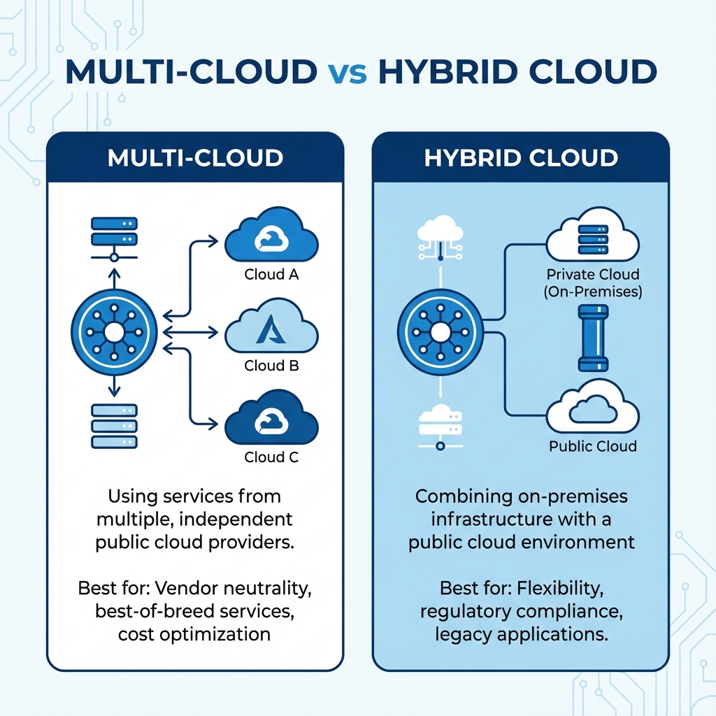 멀티 클라우드와 하이브리드 클라우드의 개념적 차이를 시각적으로 비교하는 인포그래픽