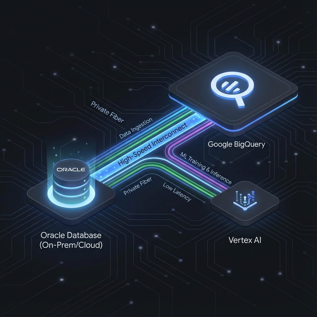 Database@Google Cloud의 아키텍처 다이어그램. 오라클 DB가 구글 클라우드 내부에 통합되어 BigQuery, Vertex AI와 저지연으로 연결되는 모습.