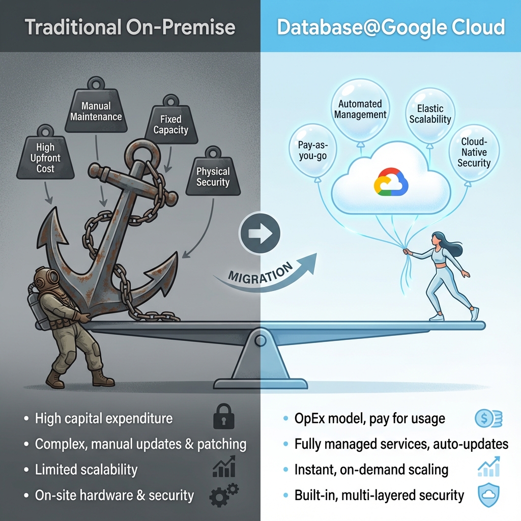 한국 엔터프라이즈의 기존 오라클 DB 전략과 새로운 Database@Google Cloud 전략의 이점 비교표
