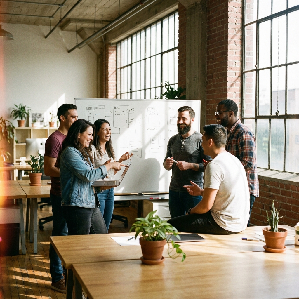 An editorial photo of a diverse team of developers brainstorming in a modern open office, natural sunlight streaming through windows, candid expressions, shot on 35mm film, Fujifilm simulation