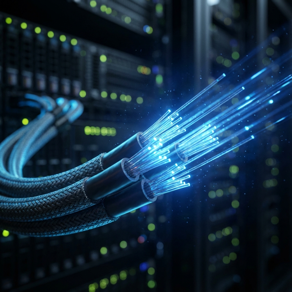Macro photography of fiber optic cables pulsing with blue light in a dark server room, focusing on the speed of data transmission, dust particles, shallow depth of field, realistic texture