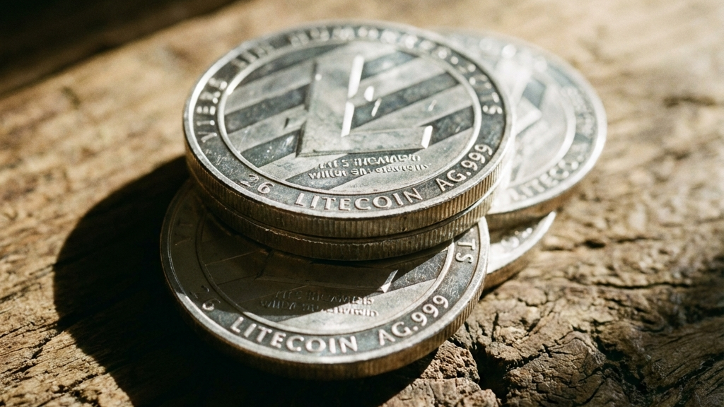 A macro photography shot of physical Litecoin silver coins stacked on a textured wooden table, natural sunlight casting hard shadows, scratches and details on metal visible, realistic, depth of field
