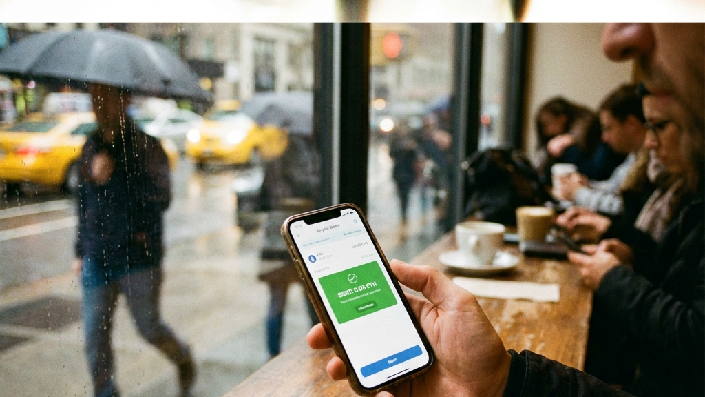 A candid street photography style shot of people using smartphone crypto wallets in a busy cafe, focus on the screen showing a transaction, motion blur of passersby in background, urban vibe, slight noise