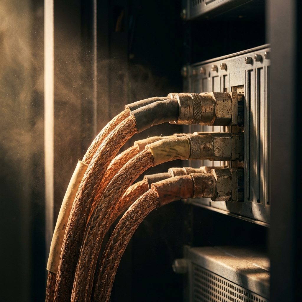 Close up shot of heavy industrial copper cables connecting into a server rack, dust particles in the air, dramatic side lighting, realistic texture, macro photography, 85mm lens.