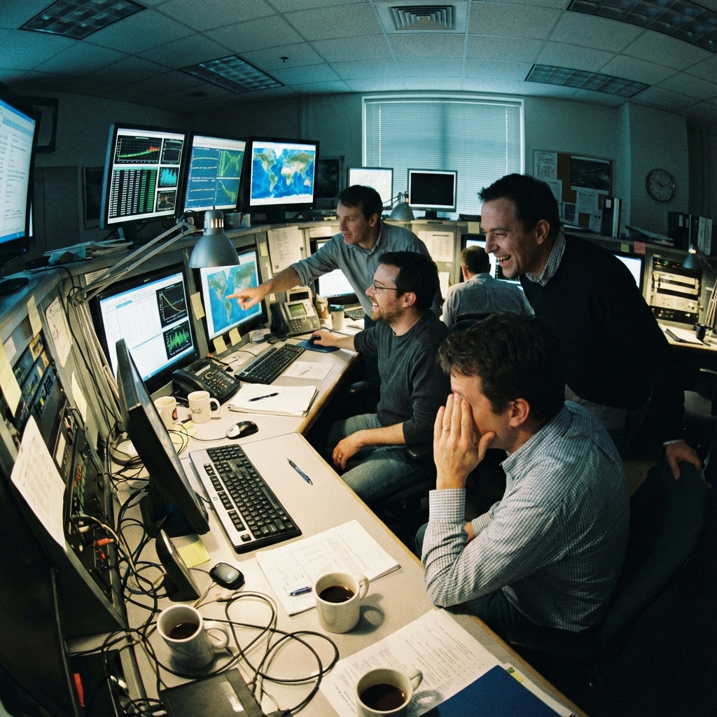 Wide shot of a scientists working in a control room looking at data on screens, authentic candid moment, dim lighting, cinematic color grading, lived-in atmosphere, slightly grainy.