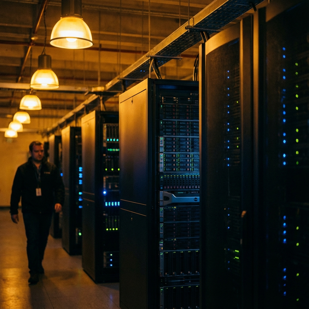 Cinematic shot of a massive, modern server room corridor, warm amber lighting contrasting with cool server lights, shallow depth of field, 35mm film grain, editorial photography style. No text, no floating holograms.