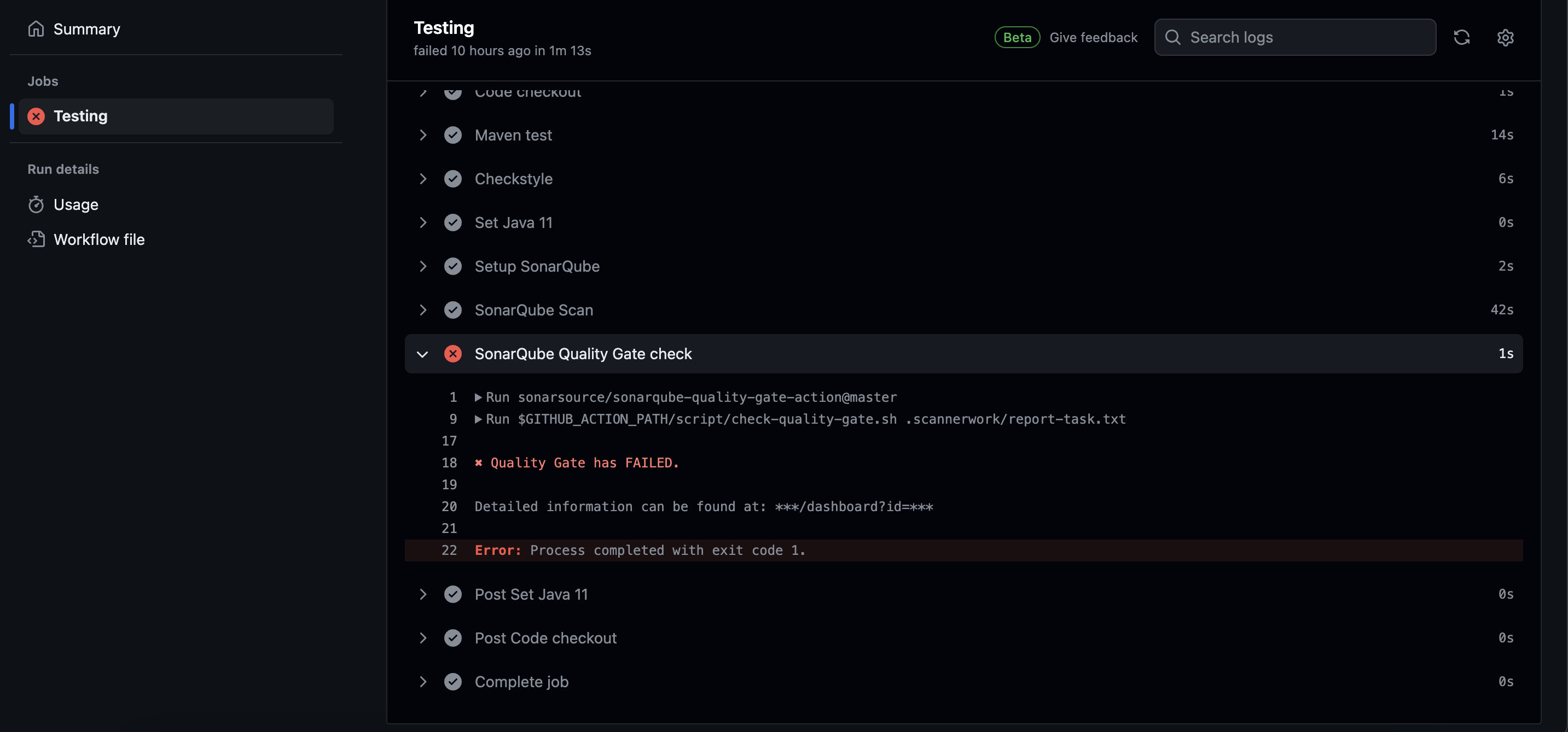 Testing Quality gate failed