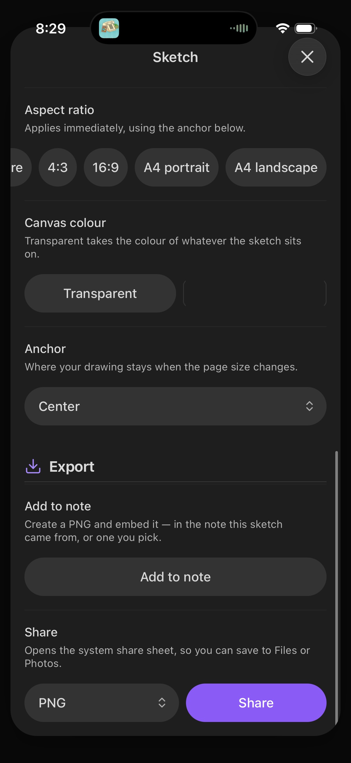 The settings sheet: canvas resizing, aspect ratio, and export